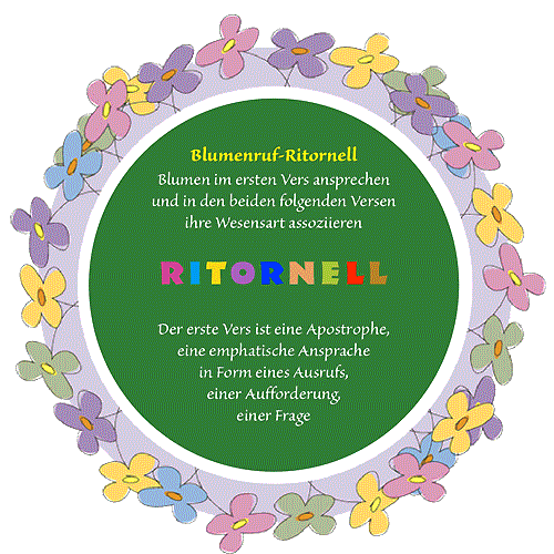 Blumenruf-Ritornell Blumen im ersten Vers ansprechen und in den beiden folgenden Versen ihre Wesensart assoziieren    R i t o r n e l l  Der erste Vers ist eine Apostrophe,  eine emphatische Ansprache in Form eines Ausrufs,  einer Aufforderung,  einer Frage 